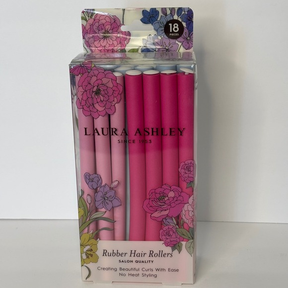 Laura Ashley Rubber Hair Rollers‎ 18 Pcs Salon Quality No Heat Styling Pink Blue - Picture 1 of 4